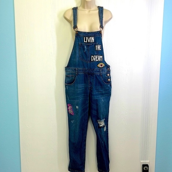 Forever 21 - Livin The Dream Patchwork Distressed Overalls Size 28 - Picture 1 of 15